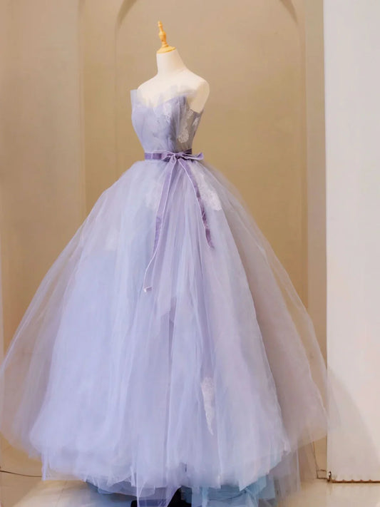 Purple V Neck Tulle Lace Long Prom Dress, Purple Formal Sweet 16 Dress ED0693