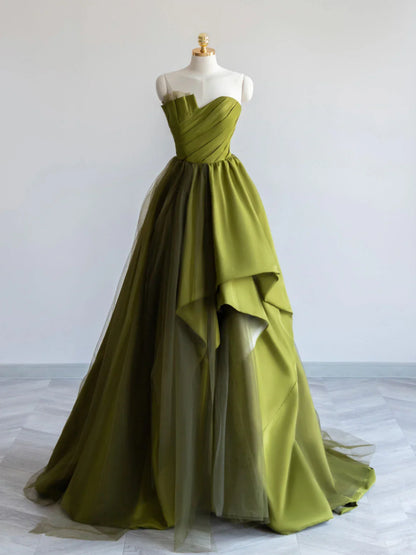 A-Line Off Shoulder Satin Green Long Prom Dress, Green Formal Dress ED0694