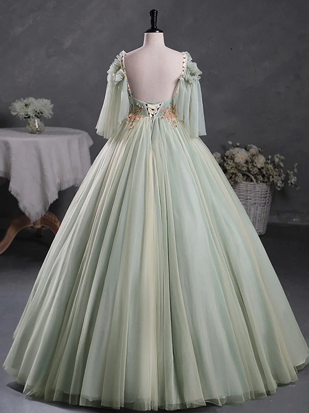 Green A-Line 3D Lace Long Prom Dress, Green Lace Sweet 16 Dress ED0696