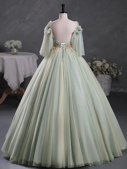 Green A-Line 3D Lace Long Prom Dress, Green Lace Sweet 16 Dress ED0696