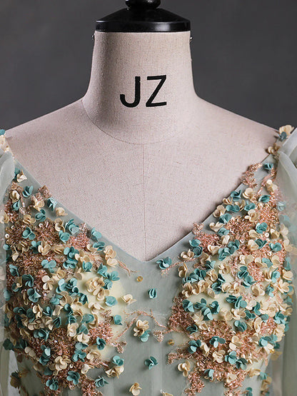 Green A-Line 3D Lace Long Prom Dress, Green Lace Sweet 16 Dress ED0696