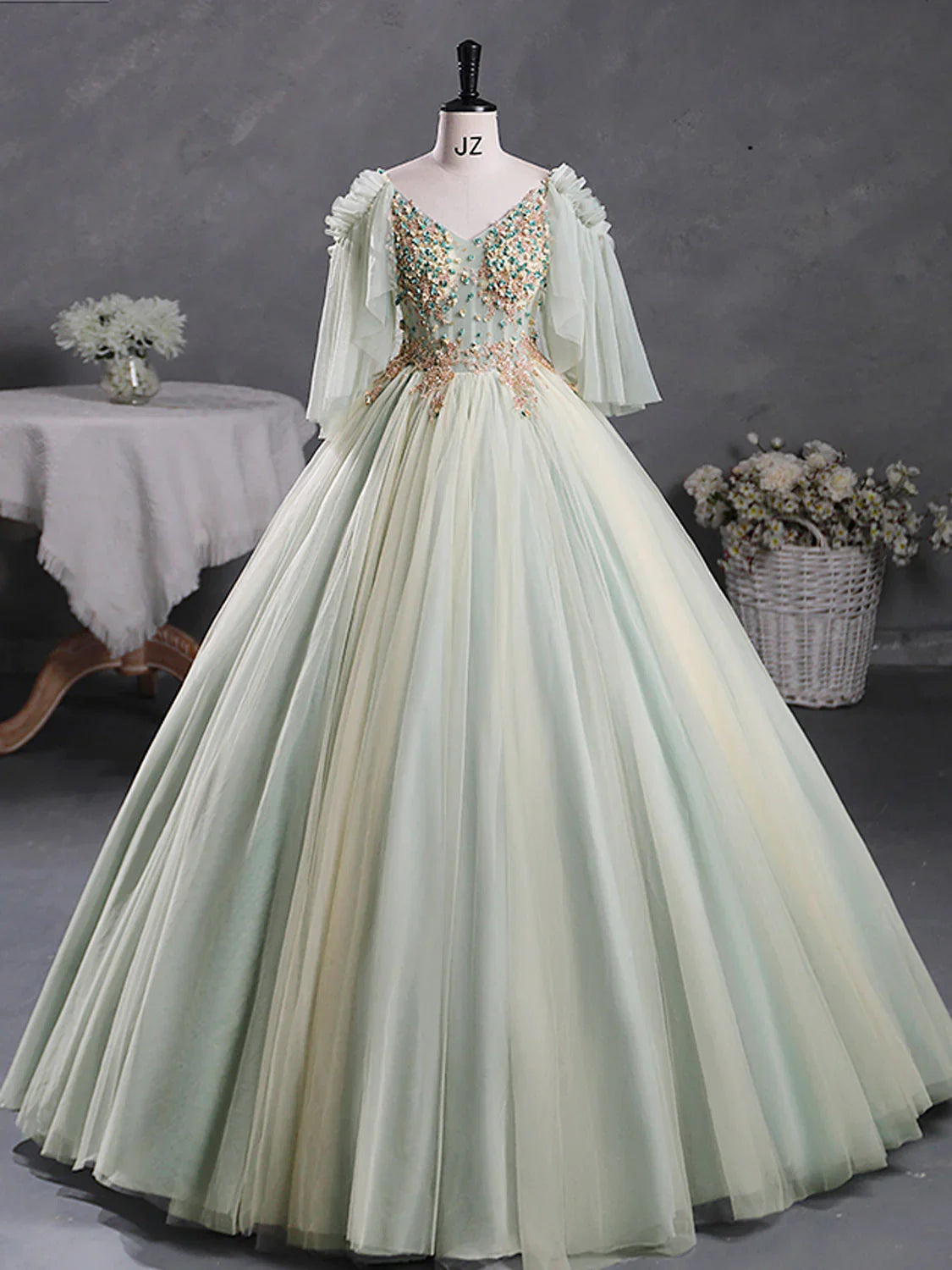 Green A-Line 3D Lace Long Prom Dress, Green Lace Sweet 16 Dress ED0696