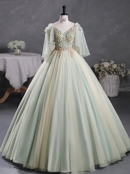 Green A-Line 3D Lace Long Prom Dress, Green Lace Sweet 16 Dress ED0696