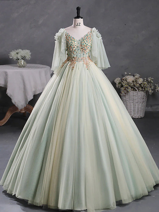 Green A-Line 3D Lace Long Prom Dress, Green Lace Sweet 16 Dress ED0696