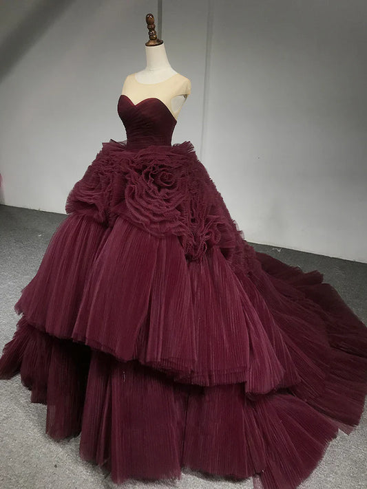 Burgundy Round Neck Tulle Burgundy Long Prom Gown, Burgundy Long Evening Dress ED0698