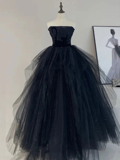 A-Line Tulle Black Long Prom Dress, Black Formal Evening Dress ED0699