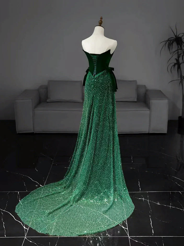 Mermaid Tulle Velvet Green Long Prom Dress, Green Long Formal Dress   ED070