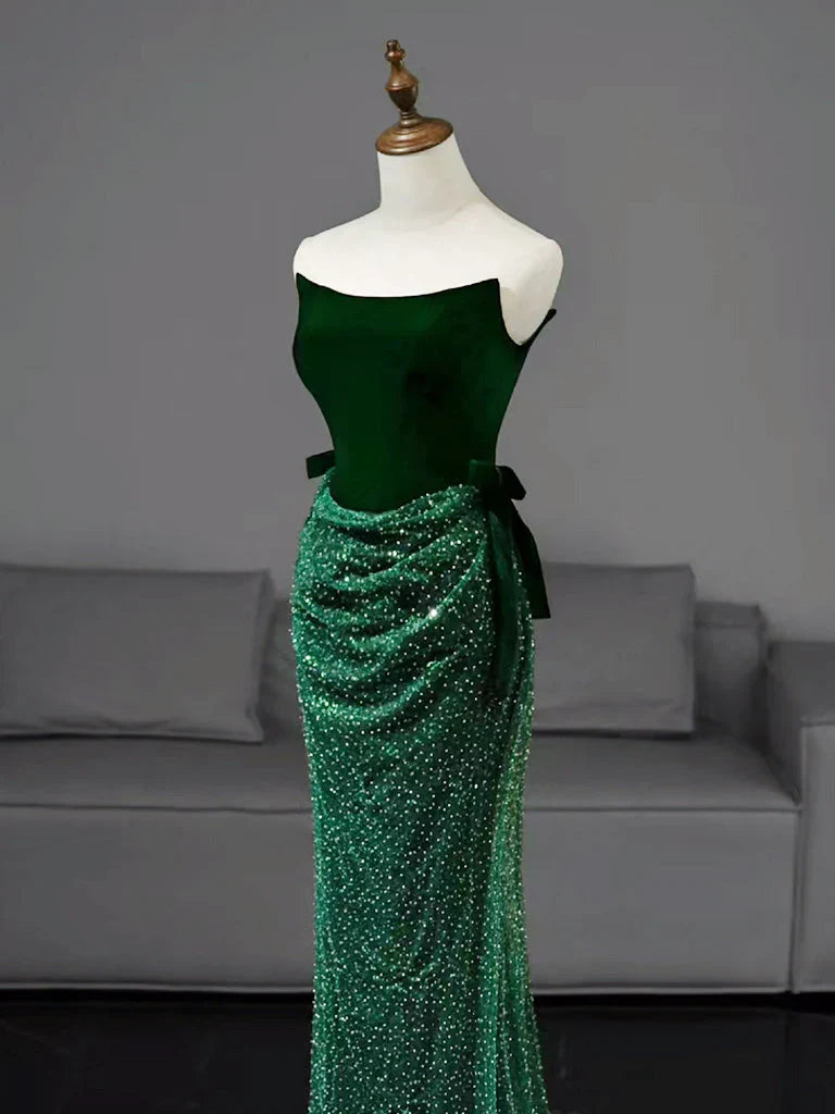 Mermaid Tulle Velvet Green Long Prom Dress, Green Long Formal Dress   ED070