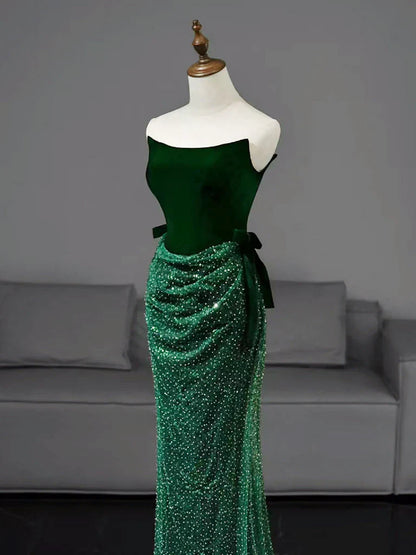 Mermaid Tulle Velvet Green Long Prom Dress, Green Long Formal Dress   ED070