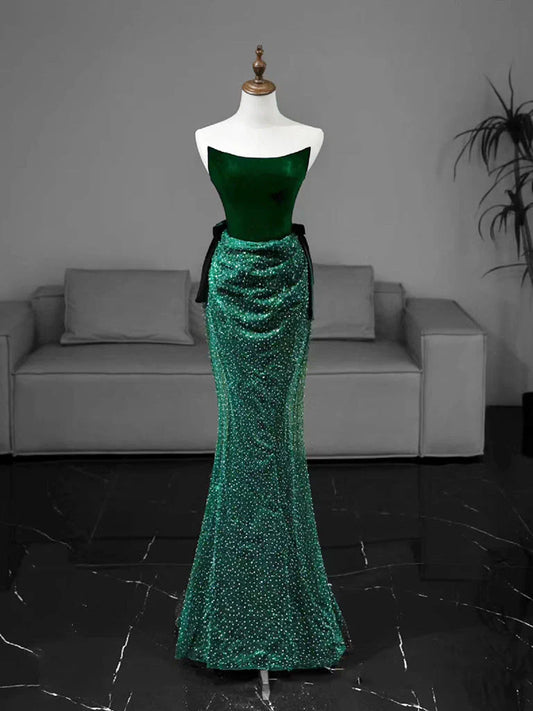 Mermaid Tulle Velvet Green Long Prom Dress, Green Long Formal Dress   ED070