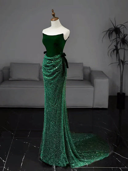 Mermaid Tulle Velvet Green Long Prom Dress, Green Long Formal Dress   ED070
