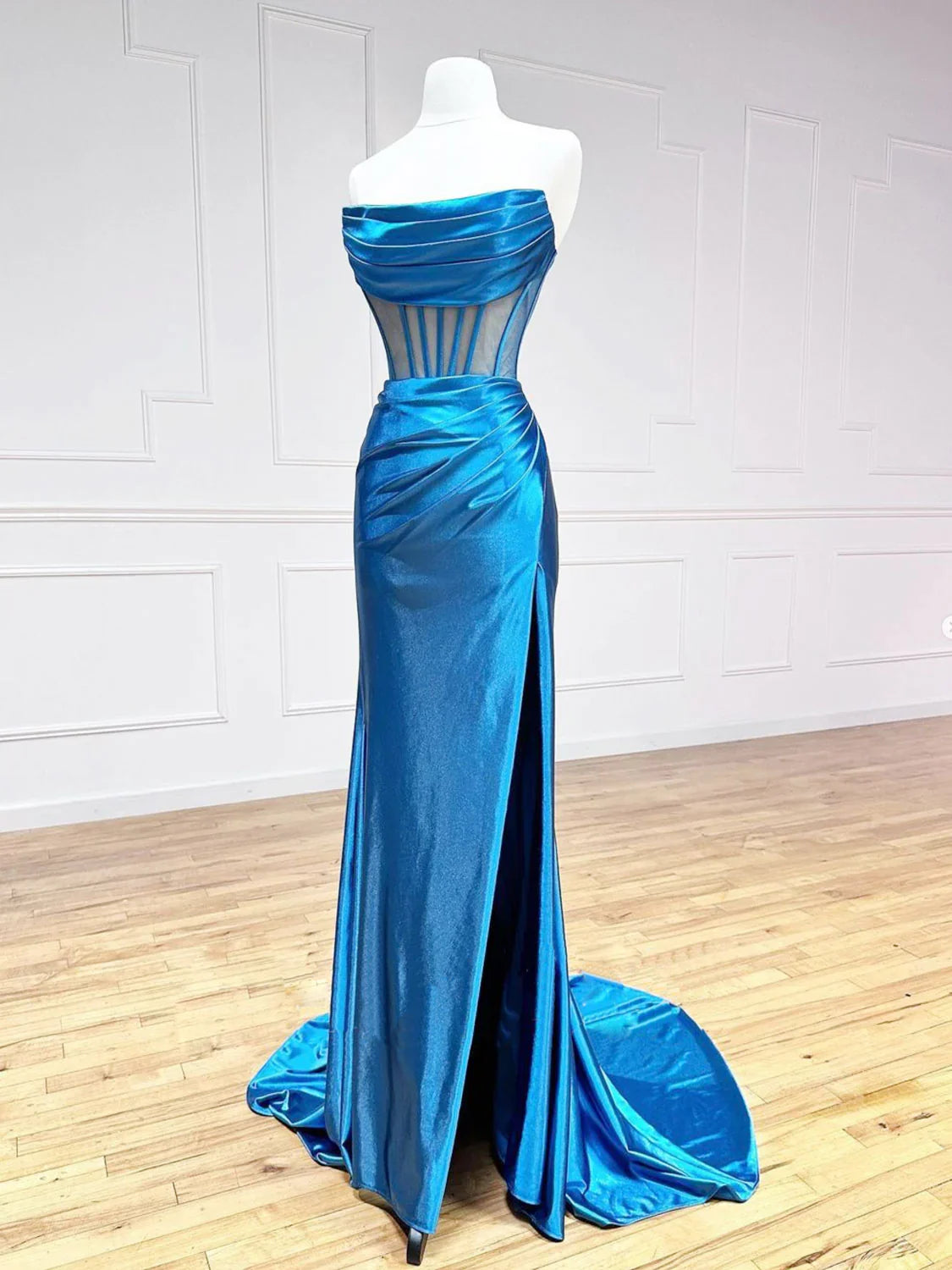 Blue Satin Mermaid Long Prom Dresses, Blue Formal Evening Dresses ED0700