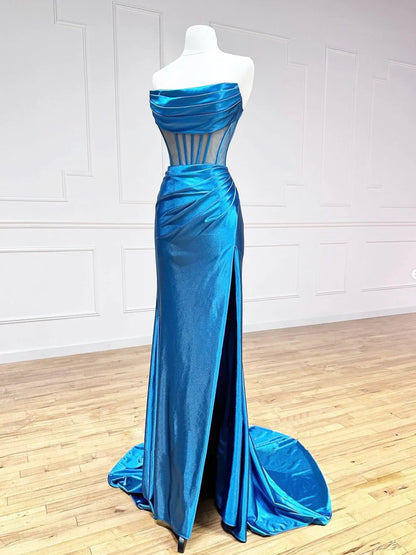 Blue Satin Mermaid Long Prom Dresses, Blue Formal Evening Dresses ED0700