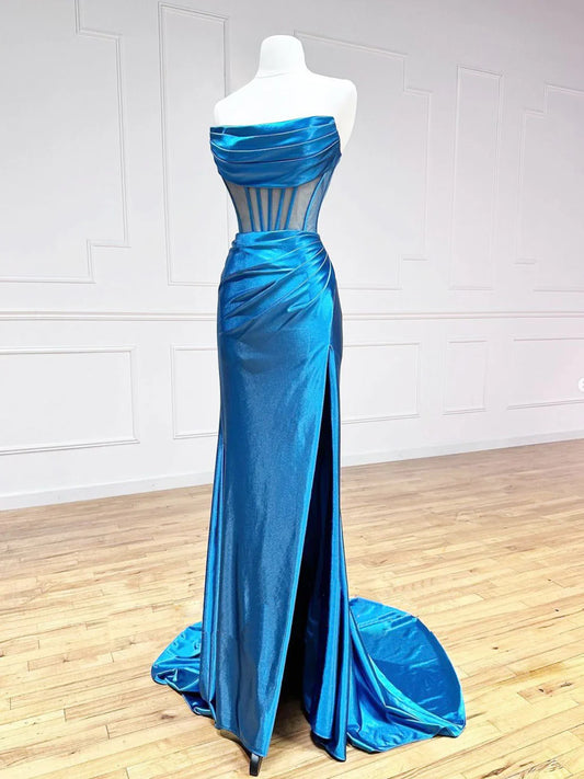 Blue Satin Mermaid Long Prom Dresses, Blue Formal Evening Dresses ED0700