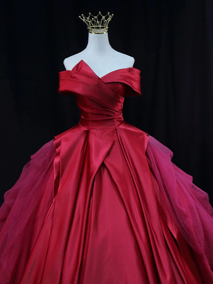 Red Off Shoulder Satin Tulle Long Prom Gown, Red Long Evening Gown ED0701