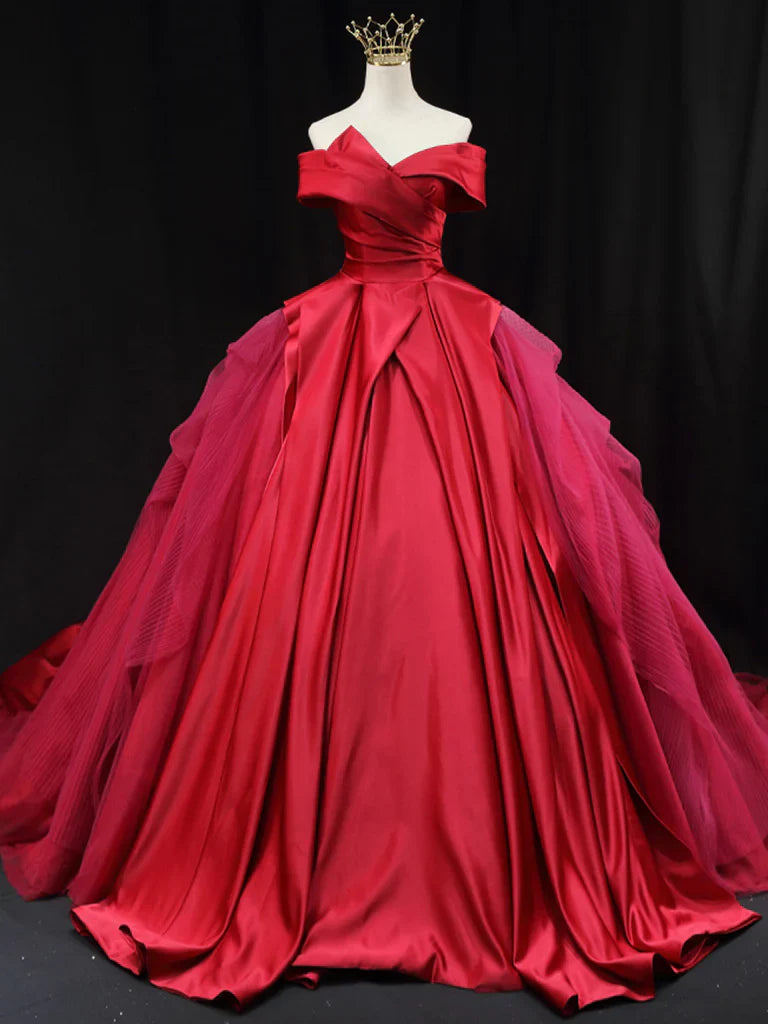 Red Off Shoulder Satin Tulle Long Prom Gown, Red Long Evening Gown ED0701