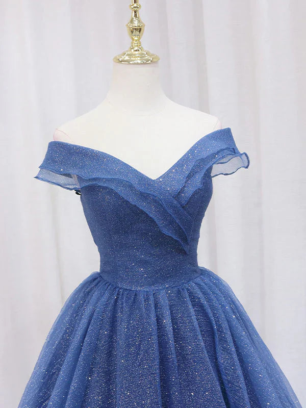 A-Line Dark Blue Tulle Long Prom Dresses, Blue Formal Evening Dress ED0703