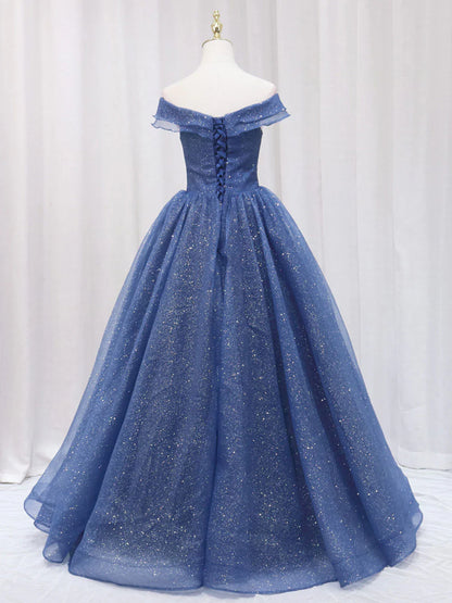 A-Line Dark Blue Tulle Long Prom Dresses, Blue Formal Evening Dress ED0703