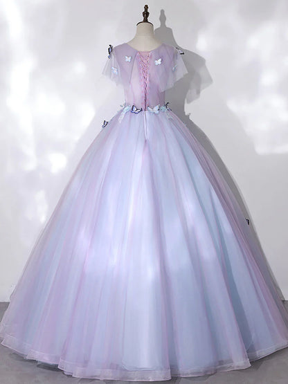 A-Line Round Neck Tulle Lace Purple Long Prom Dress, Purple Formal Dress ED0704