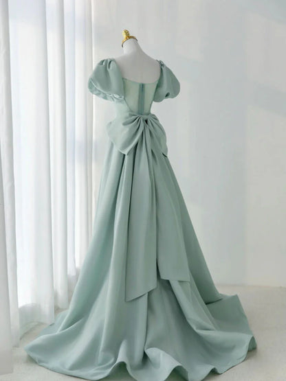 A-Line Green Satin Long Prom Dresses, Green Formal Evening Dresses ED0705