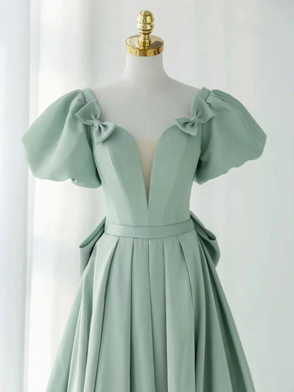 A-Line Green Satin Long Prom Dresses, Green Formal Evening Dresses ED0705
