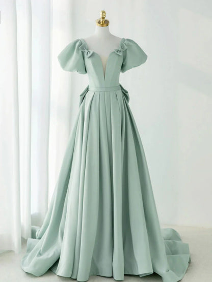 A-Line Green Satin Long Prom Dresses, Green Formal Evening Dresses ED0705
