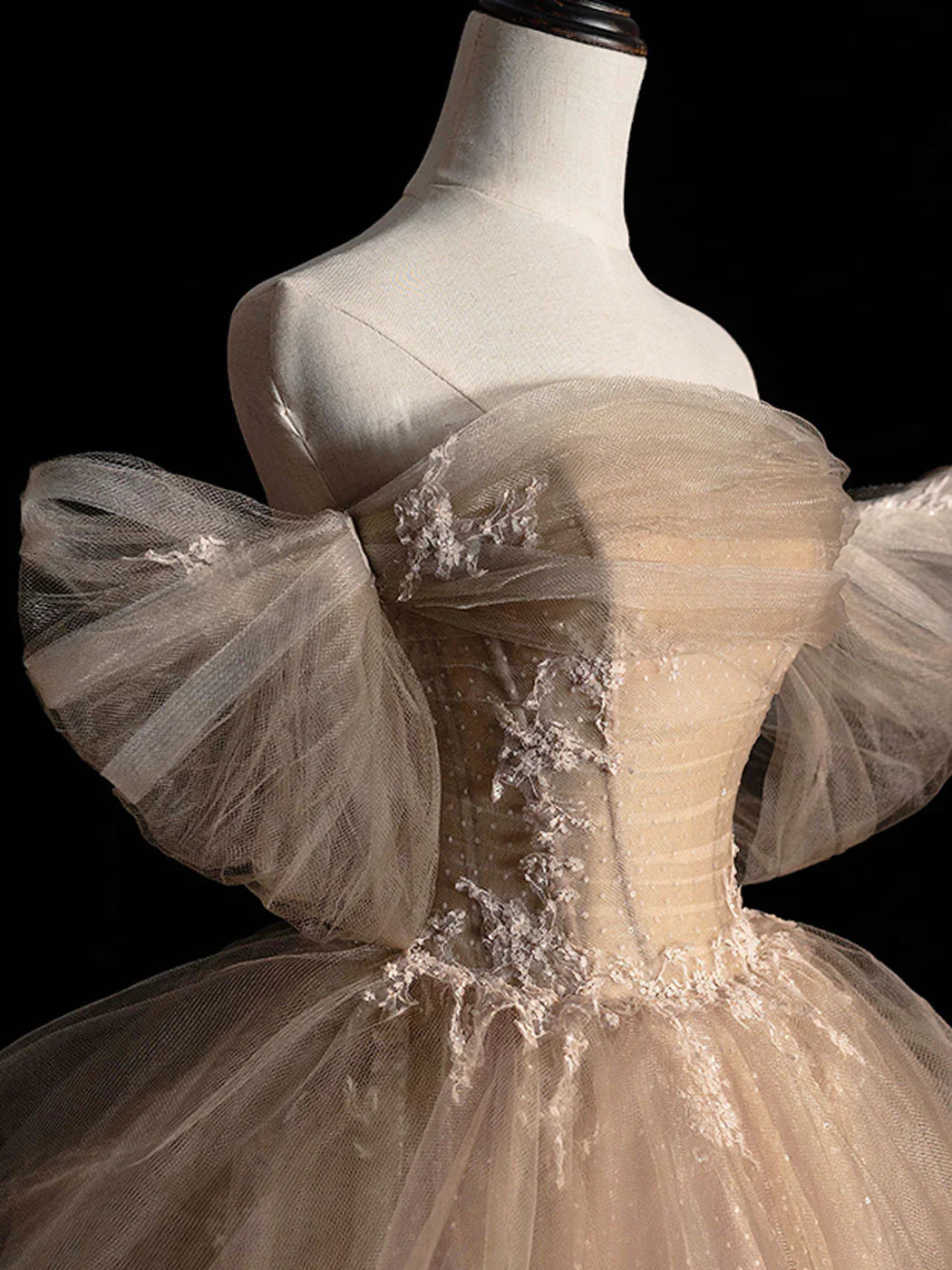 Champagne Tulle Lace Long Prom Dress, Champagne Formal Evening Dress ED0706