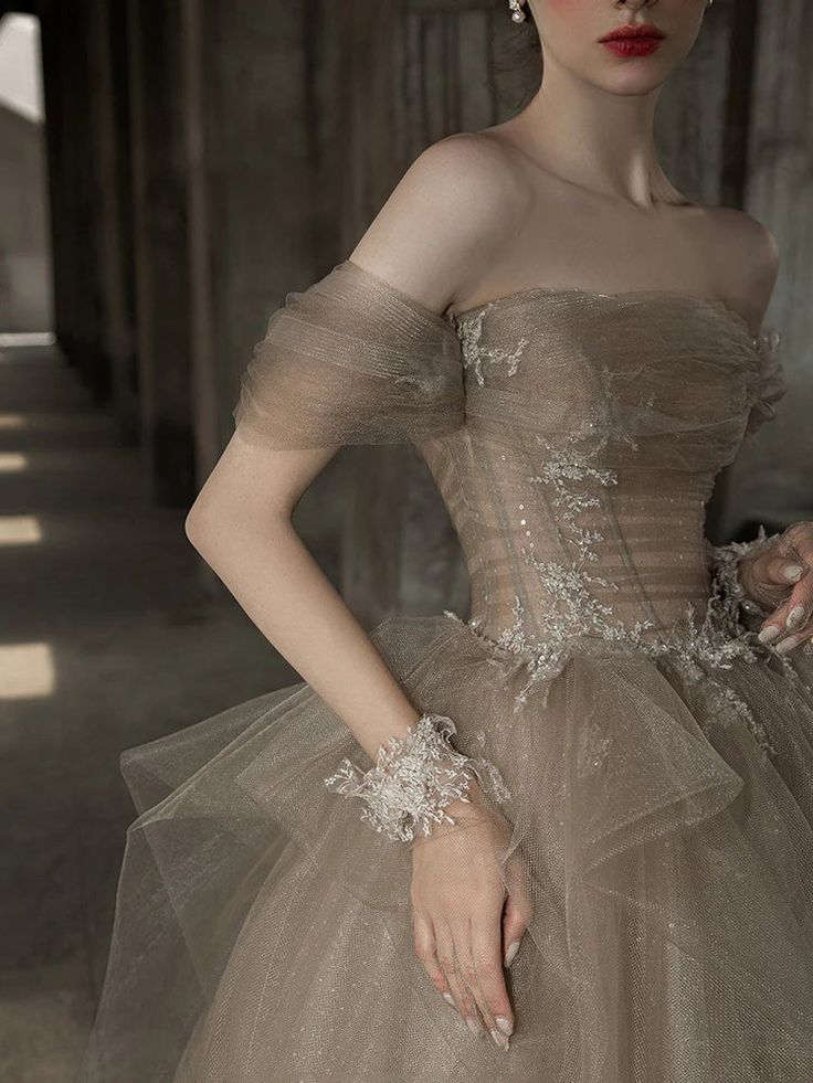 Champagne Tulle Lace Long Prom Dress, Champagne Formal Evening Dress ED0706