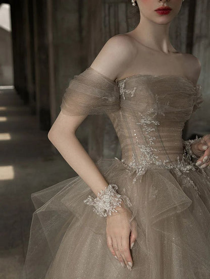 Champagne Tulle Lace Long Prom Dress, Champagne Formal Evening Dress ED0706