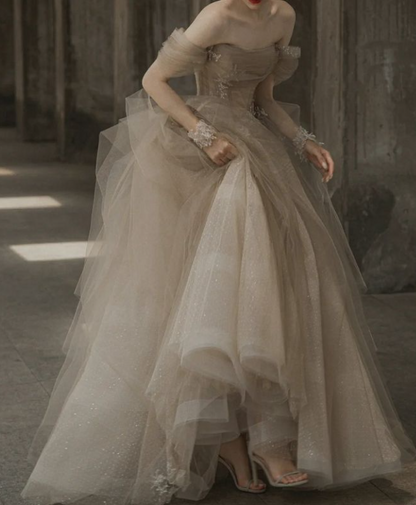 Champagne Tulle Lace Long Prom Dress, Champagne Formal Evening Dress ED0706