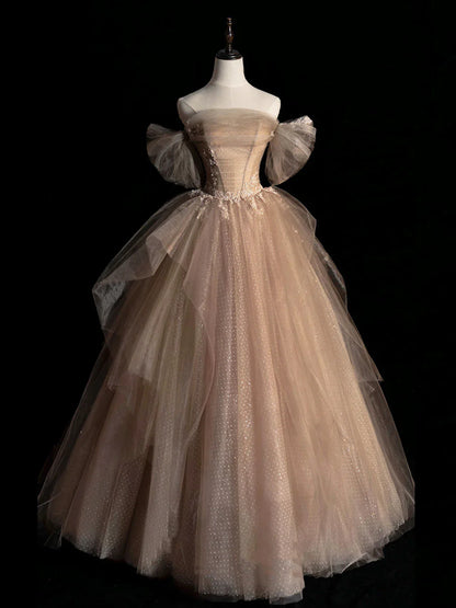 Champagne Tulle Lace Long Prom Dress, Champagne Formal Evening Dress ED0706