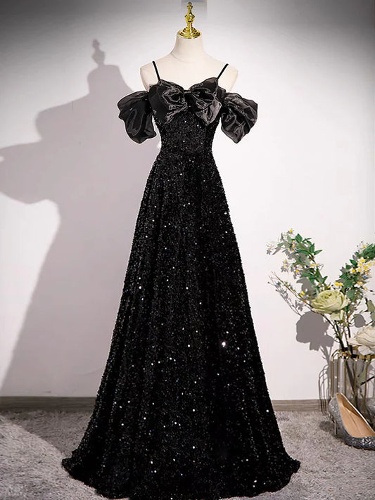 A-Line Off Shoulder Velvet Sequin Long Black Prom Dress, Black Long Evening Dress ED0707