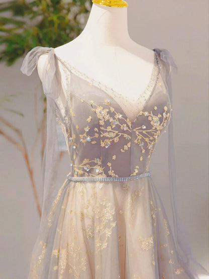 A-Line V Neck Tulle Long Prom Dresses, Tulle Formal Evening Dresses ED0708