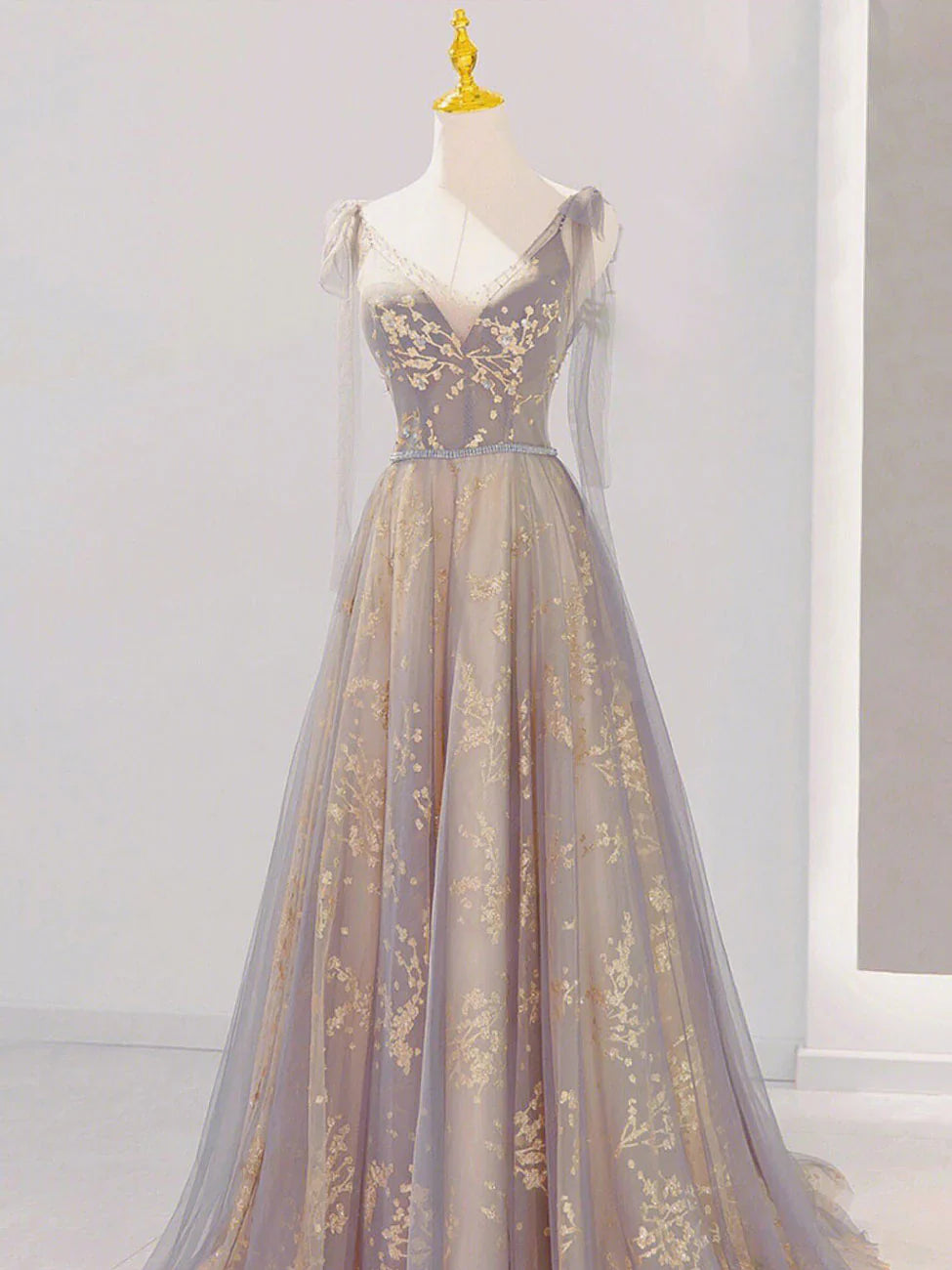 A-Line V Neck Tulle Long Prom Dresses, Tulle Formal Evening Dresses ED0708