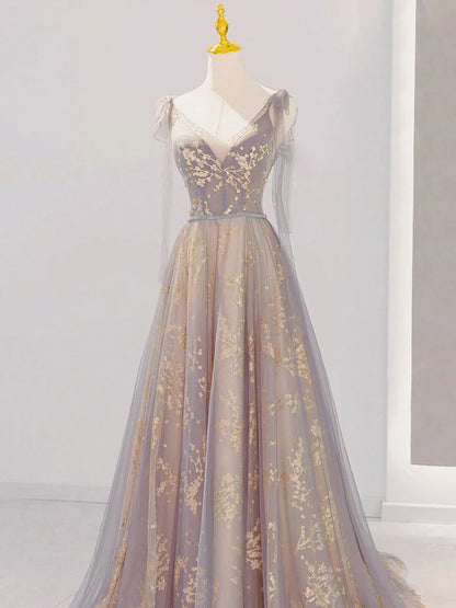 A-Line V Neck Tulle Long Prom Dresses, Tulle Formal Evening Dresses ED0708