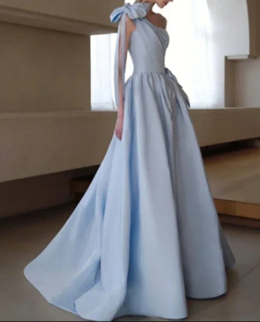 A-Line One Shoulder Satin Blue Long Prom Dresses, Blue Formal Evening Dress ED0709