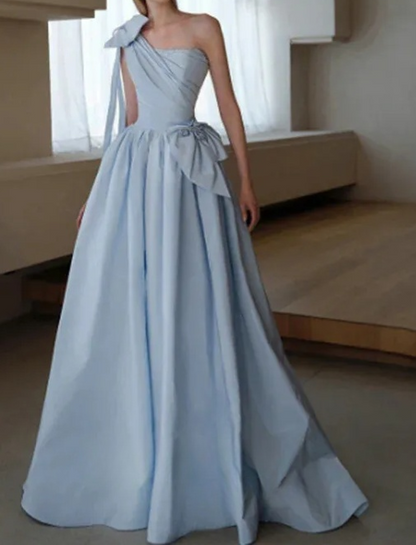 A-Line One Shoulder Satin Blue Long Prom Dresses, Blue Formal Evening Dress ED0709