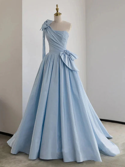 A-Line One Shoulder Satin Blue Long Prom Dresses, Blue Formal Evening Dress ED0709