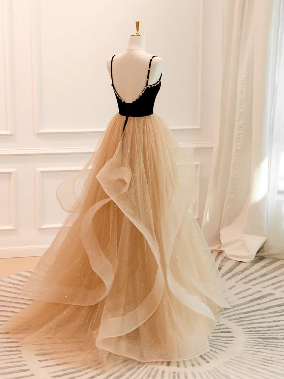 A-Line Champagne Tulle Long Prom Dress, Champagne Evening Dresses ED0710