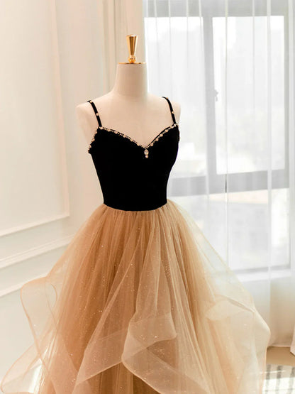 A-Line Champagne Tulle Long Prom Dress, Champagne Evening Dresses ED0710