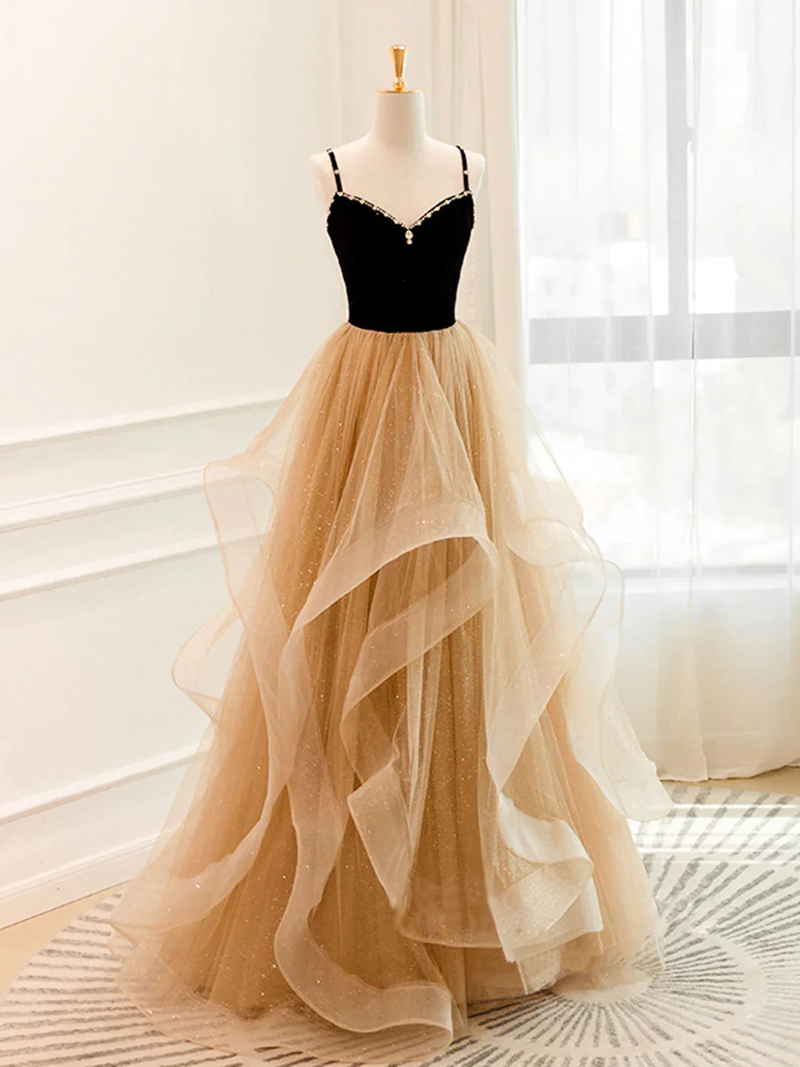 A-Line Champagne Tulle Long Prom Dress, Champagne Evening Dresses ED0710