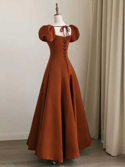 A-Line Puff Sleeves Satin Long Prom Dress, Long Evening Dresses ED0711