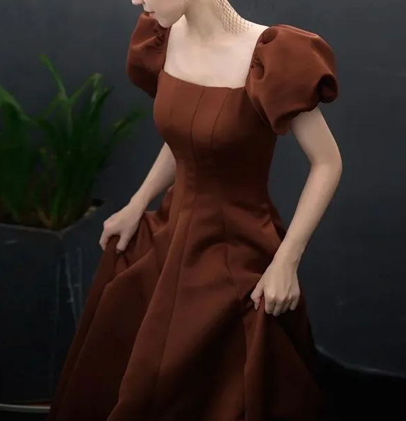 A-Line Puff Sleeves Satin Long Prom Dress, Long Evening Dresses ED0711