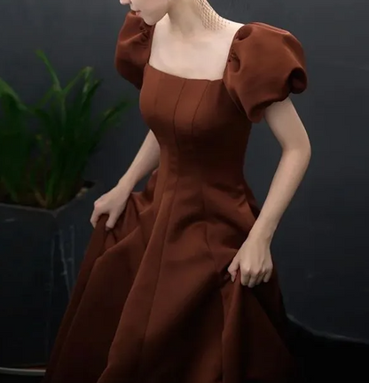 A-Line Puff Sleeves Satin Long Prom Dress, Long Evening Dresses ED0711