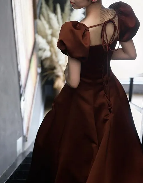 A-Line Puff Sleeves Satin Long Prom Dress, Long Evening Dresses ED0711