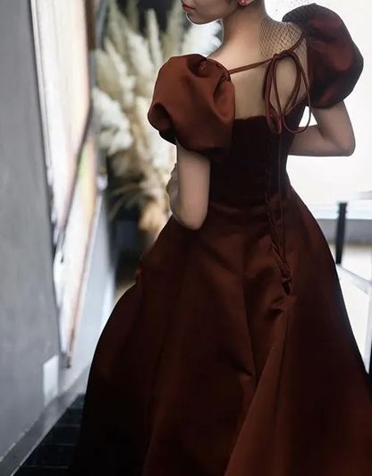 A-Line Puff Sleeves Satin Long Prom Dress, Long Evening Dresses ED0711