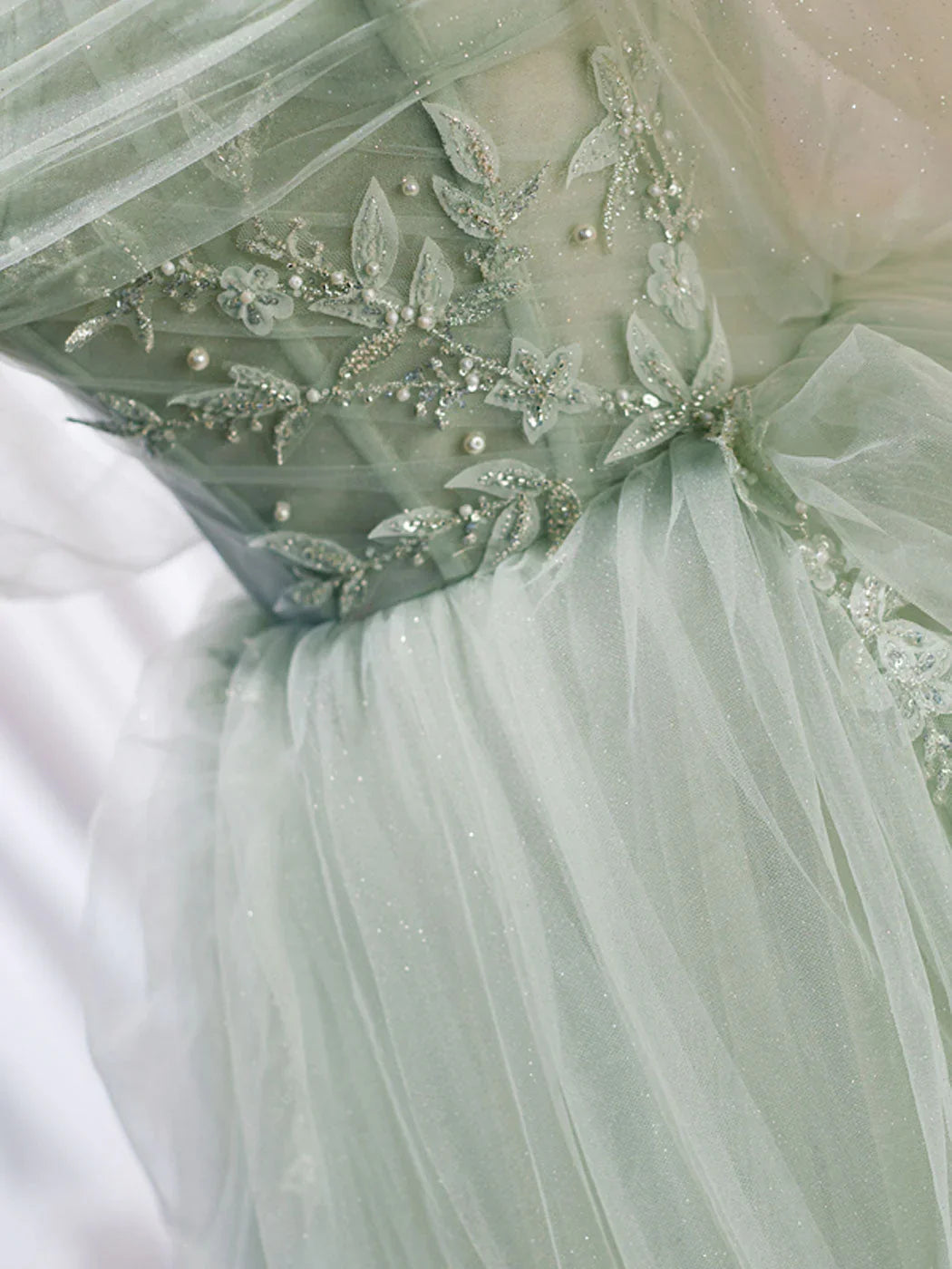 A-Line Off Shoulder Tulle Sequin Green Long Prom Dress, Green Formal Dress ED0712