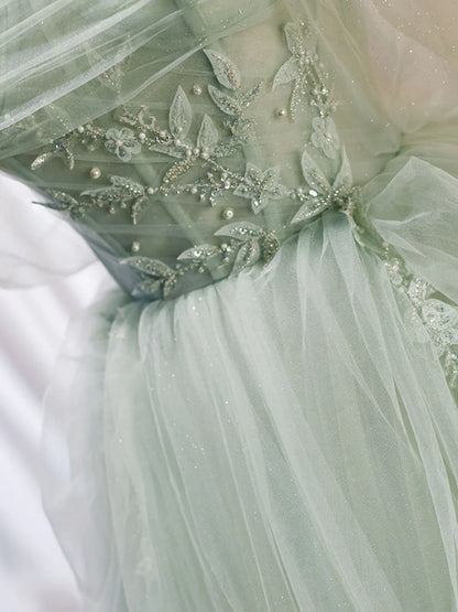 A-Line Off Shoulder Tulle Sequin Green Long Prom Dress, Green Formal Dress ED0712