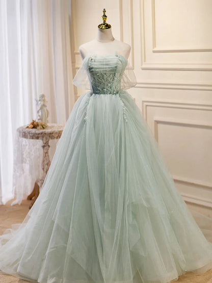 A-Line Off Shoulder Tulle Sequin Green Long Prom Dress, Green Formal Dress ED0712