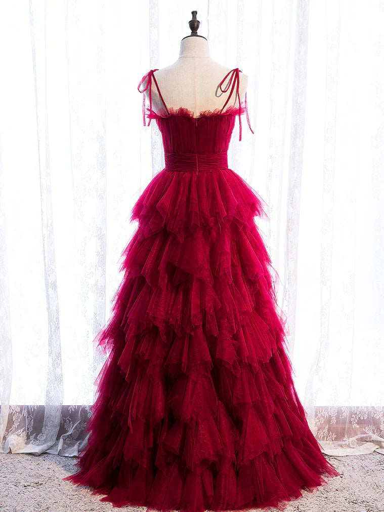 Burgundy Tulle Long Prom Dresses, Burgundy Formal Graduation Dresses ED0713